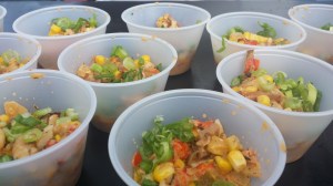 CRAWFISH MAQUE CHOUX with CORN CRAWFISH ,BACON,PEPPERS and CREOLE SEASONINGS